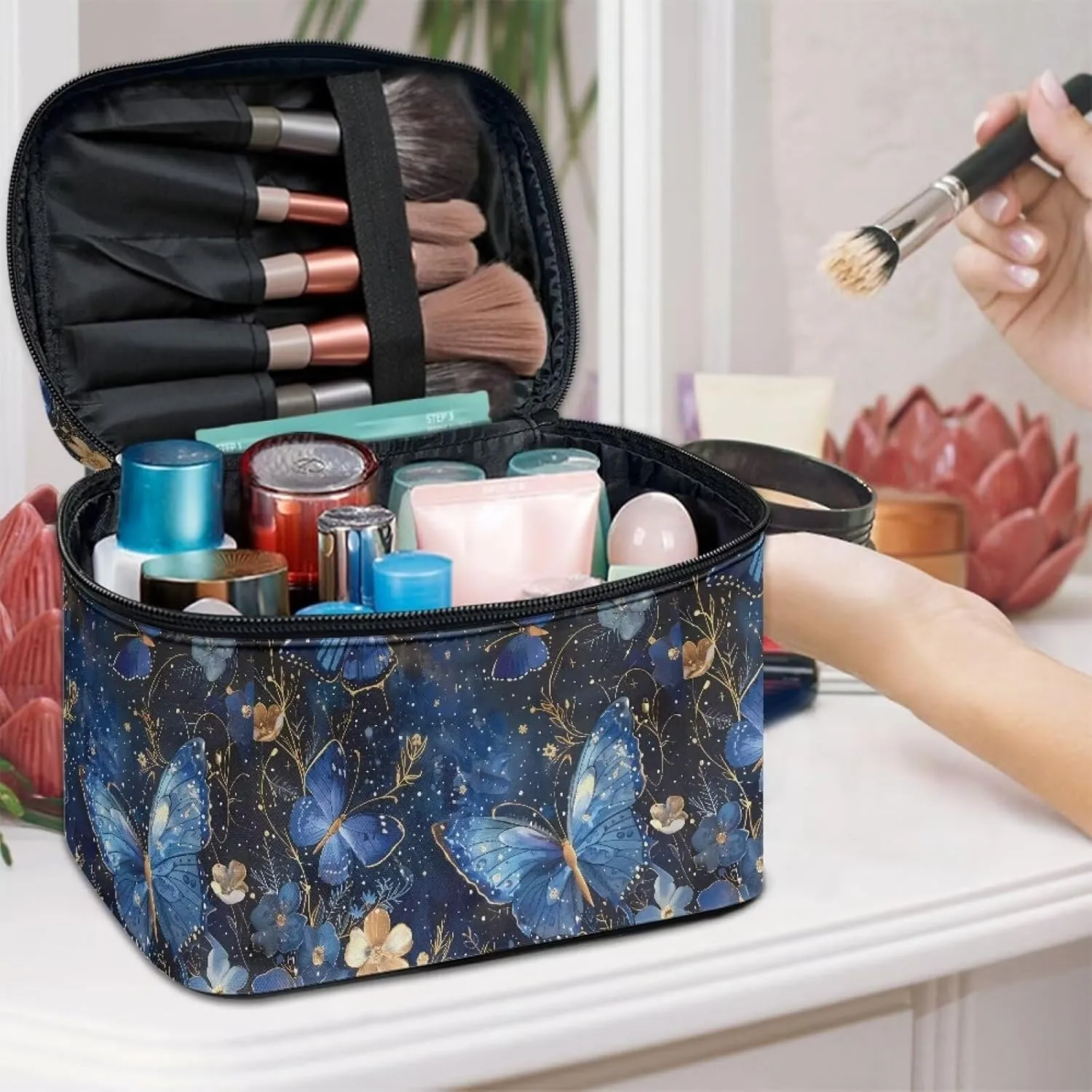 Skincare Toiletry Bag for Skincare Makeup Organizer Bag Flashideas Blue Butterfly Cosmetic Bag Large Capacity Travel Make Up Bag Double Zippers Can Hold Makeup radius inclination smoothness chain outlaw Brushes 
