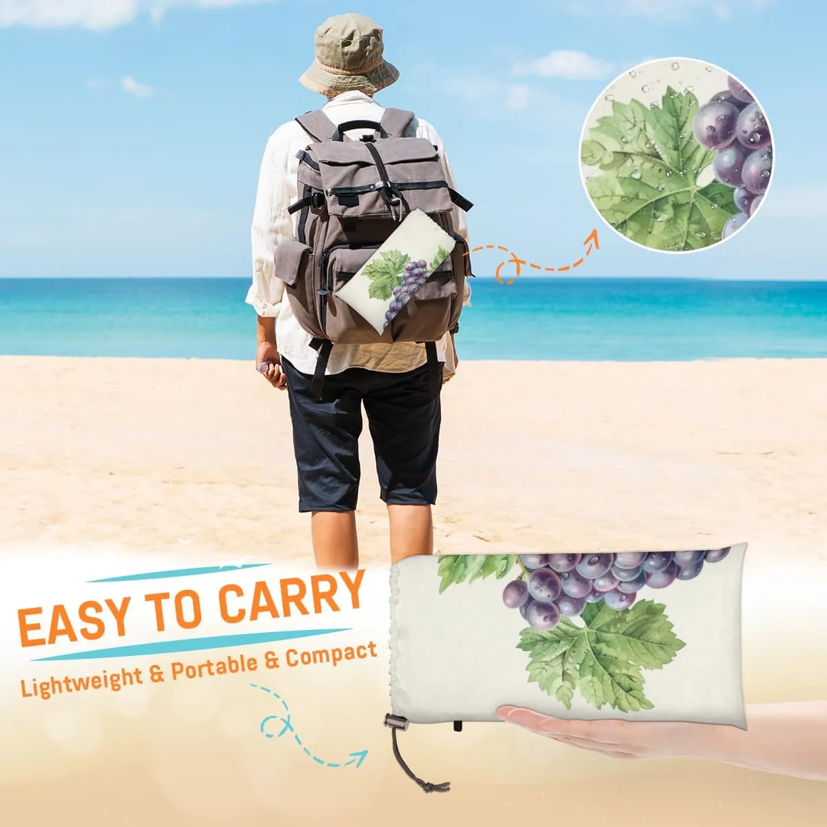 Spikes for Outdoor Travel Camping Hiking, Grapes Grape Beach Blanket, Sandproof Beach Mat, Adults Waterproof Quick Drying Sand Free Mat rayon retreat with 4 x Ground 