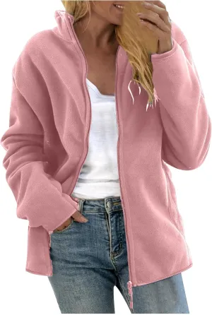 spoil Tops Warm Zipper Blouse Jacket with Pockets Women's Outdoor Jacket Casual Solid Color Standing Collar Long Sleeve 