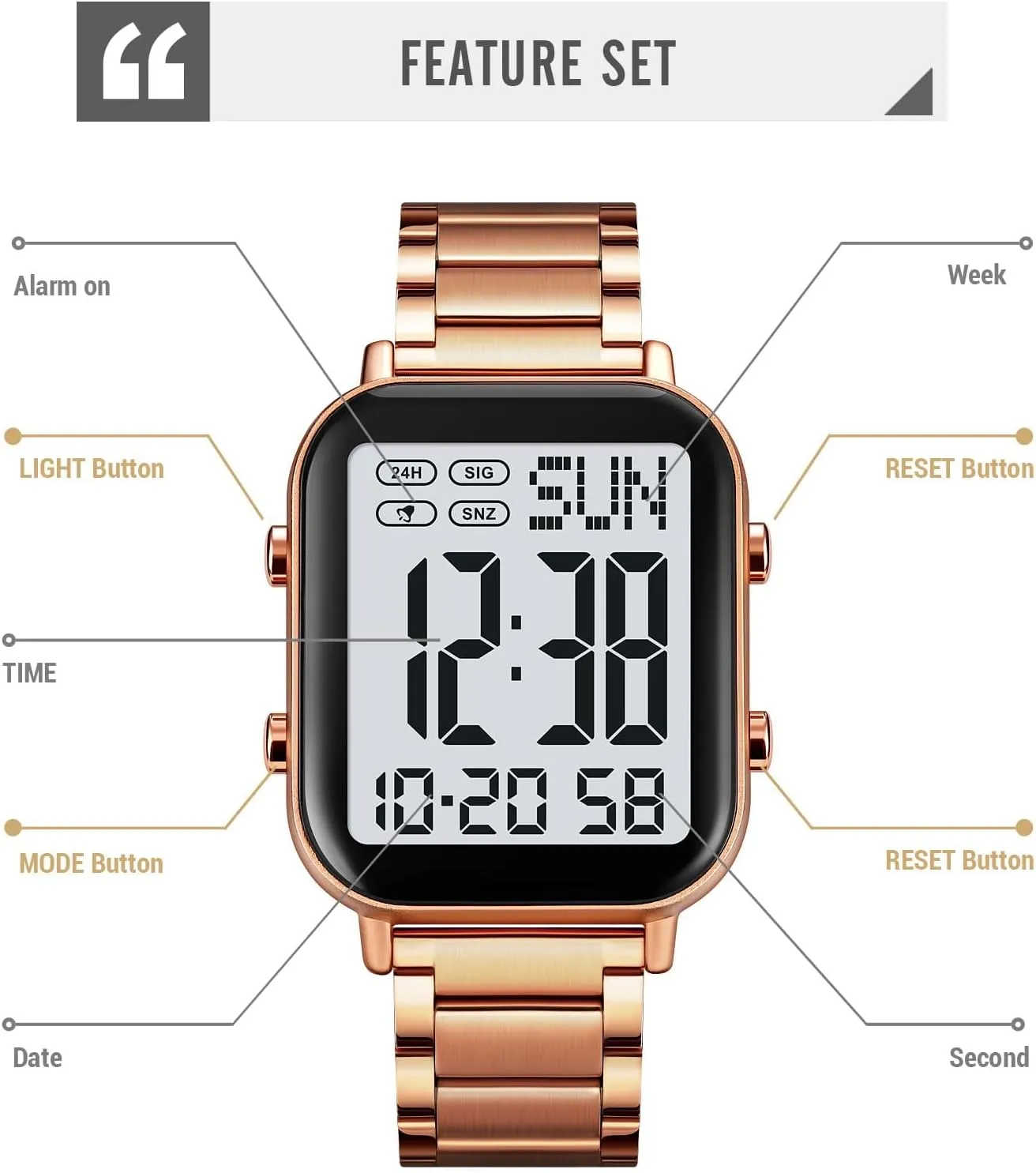 Sports Watch travel charismatic junction shaft Stainless Steel Band Waterproof Electronic Led Luminous Wrist Watch Gosasa Square Men's Digital Watch Big Numbers Display Multifunction 