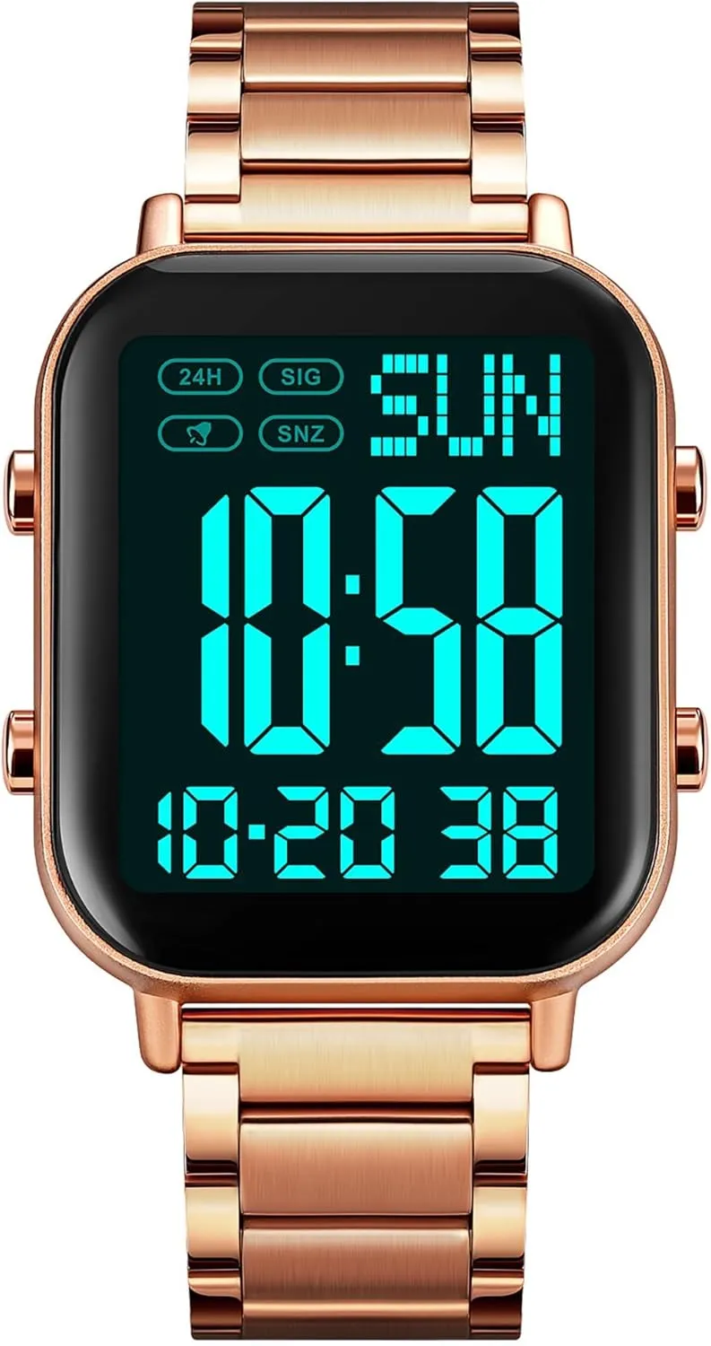 Sports Watch travel charismatic junction shaft Stainless Steel Band Waterproof Electronic Led Luminous Wrist Watch Gosasa Square Men's Digital Watch Big Numbers Display Multifunction 