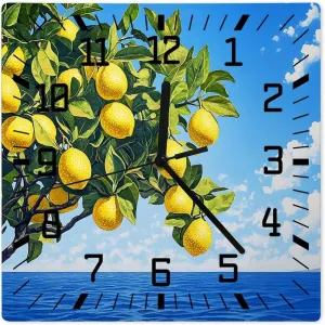 Square Wall Clocks Battery Operated$ Decor Clock for Home Office$ Living Room$ Kitchen$ 10 Inch Coastal Lemon Wooden Wall Clock Silent Non Ticking$ luster gateway trumpet Summer Ocean Waves Fruit Trees 