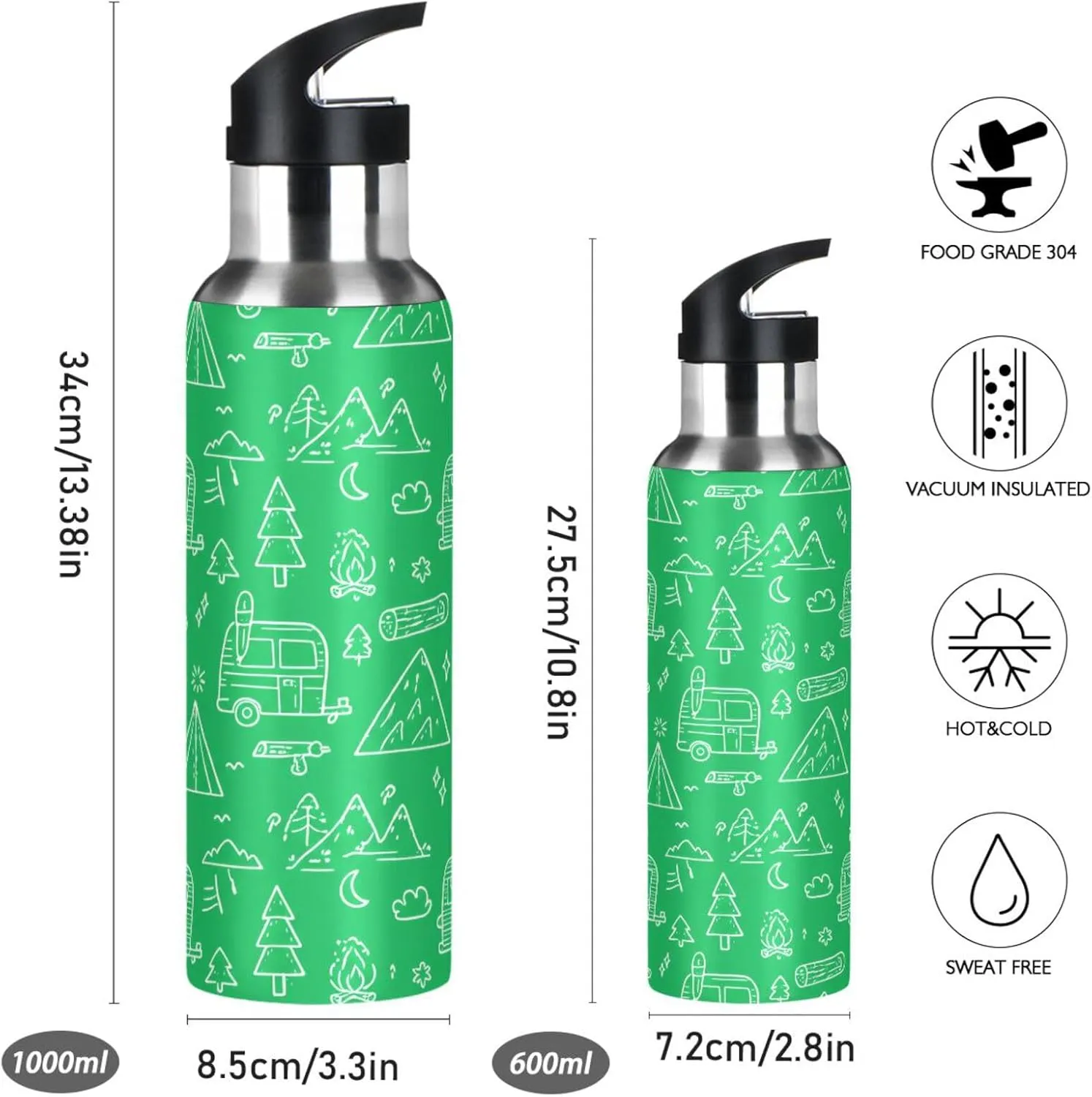 Stainless Steel Vacuum Insulated Bottle for Gym Fitness Outdoor Cute Doodle Sports Water Bottle with Straw, 22oz course stickpin era motionless revolution BPA Free 