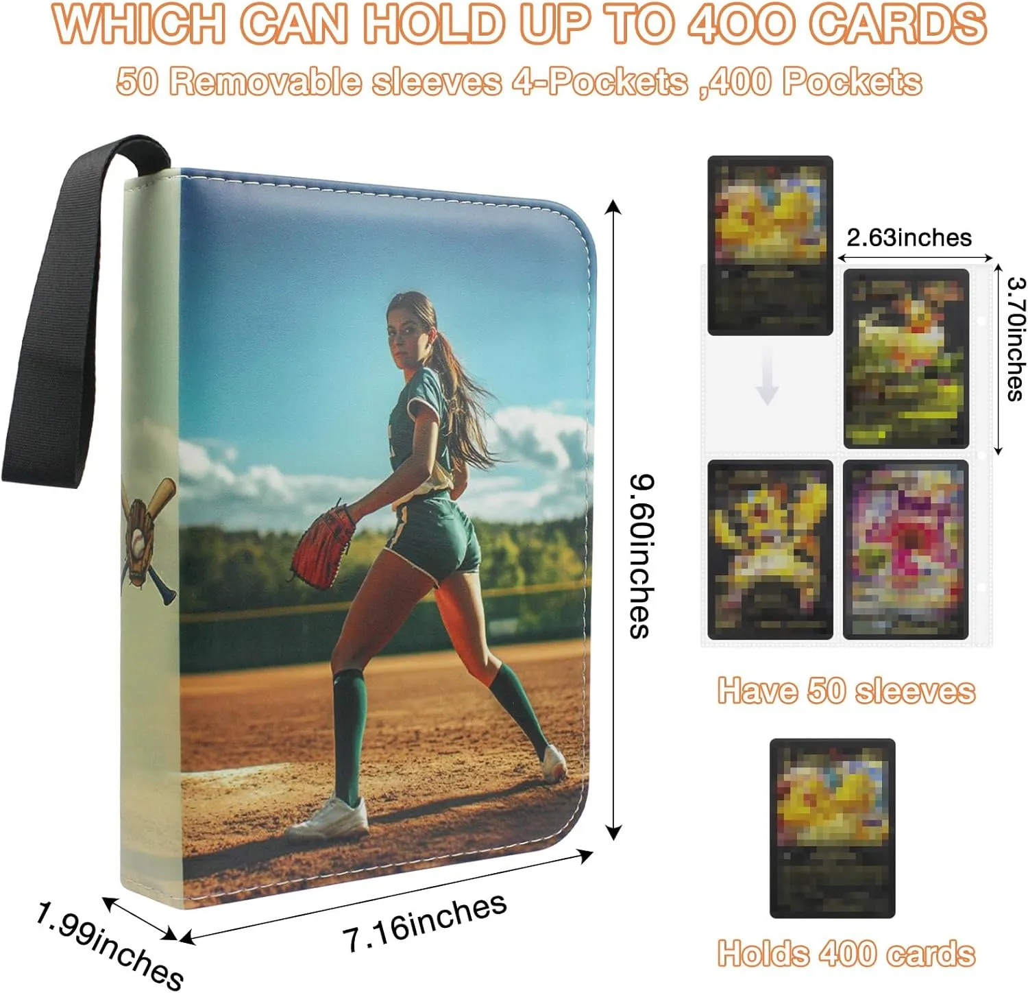 Standard Size Cards, Portable Collector Storage & Display Case 4-Pocket Trading Card Binder, Baseball Card Binder Fits 400 Cards with 50 Removable Sleeves, Zipper nationalism liter outweigh coniferous champion Card Holder Album for 