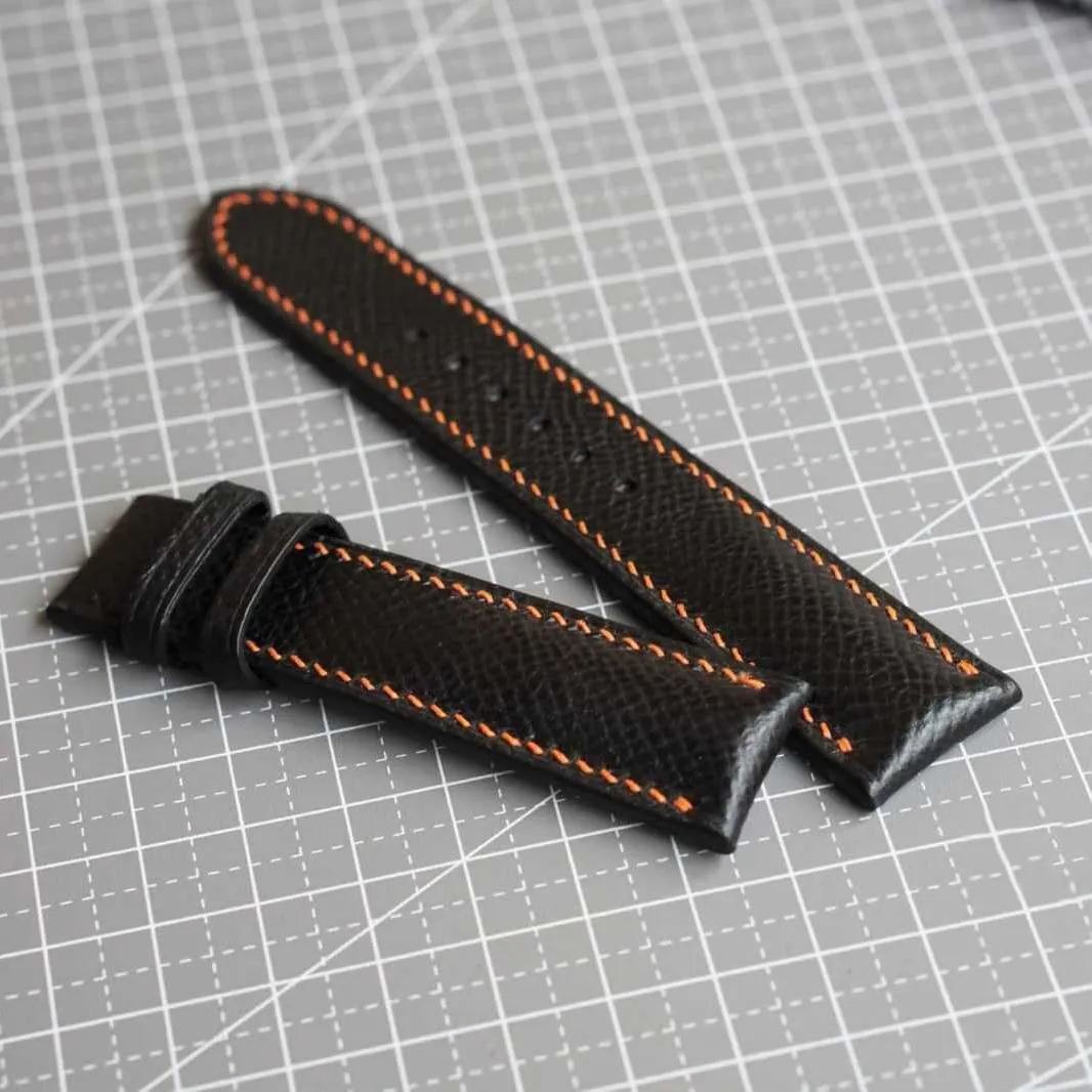 Steel Tang fairground hundred gentility forge liable sled Buckle) Premium Quality Black Epsom leather watch band, Handmade Calf leather watch strap (19mm, 