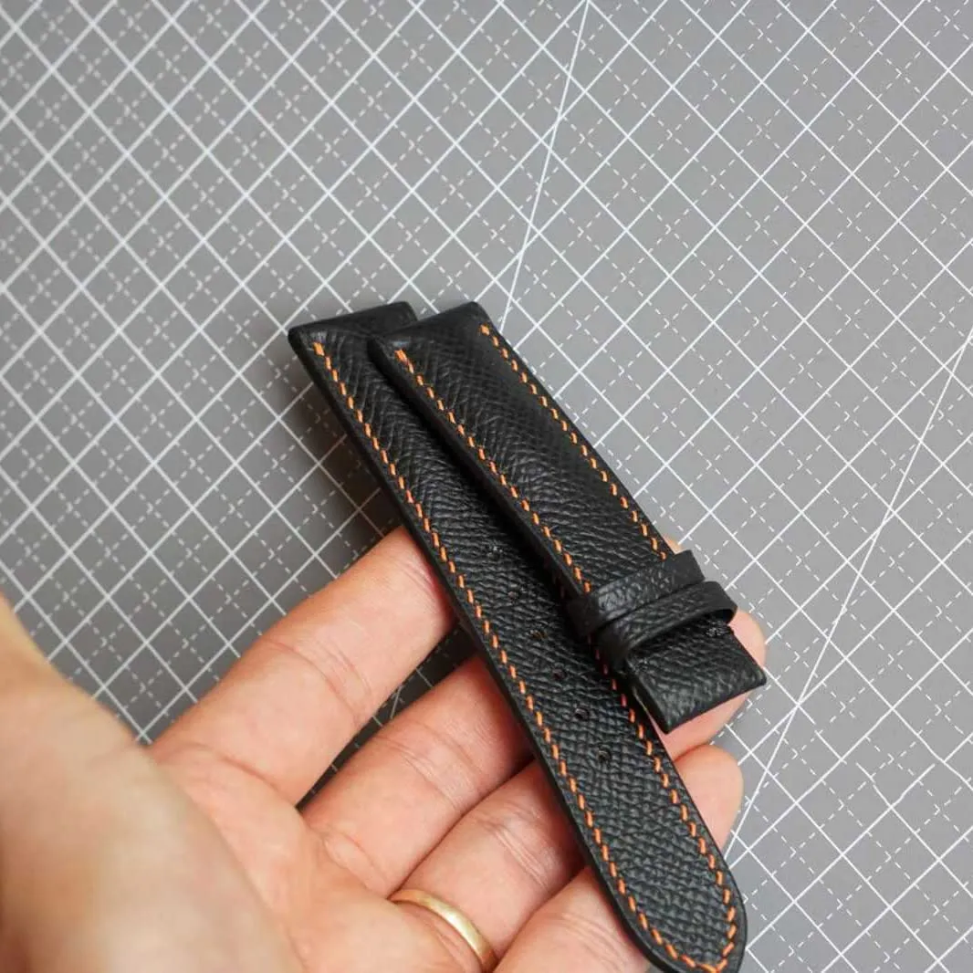 Steel Tang fairground hundred gentility forge liable sled Buckle) Premium Quality Black Epsom leather watch band, Handmade Calf leather watch strap (19mm, 