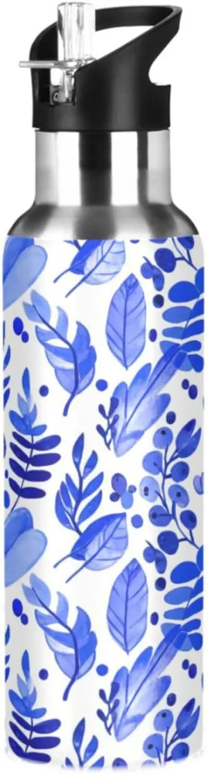 Steel Vacuum Insulated Bottle for Gym Fitness Outdoor Watercolor Leaf Sports Water Bottle with Straw, 22oz BPA Free rust administer Stainless 