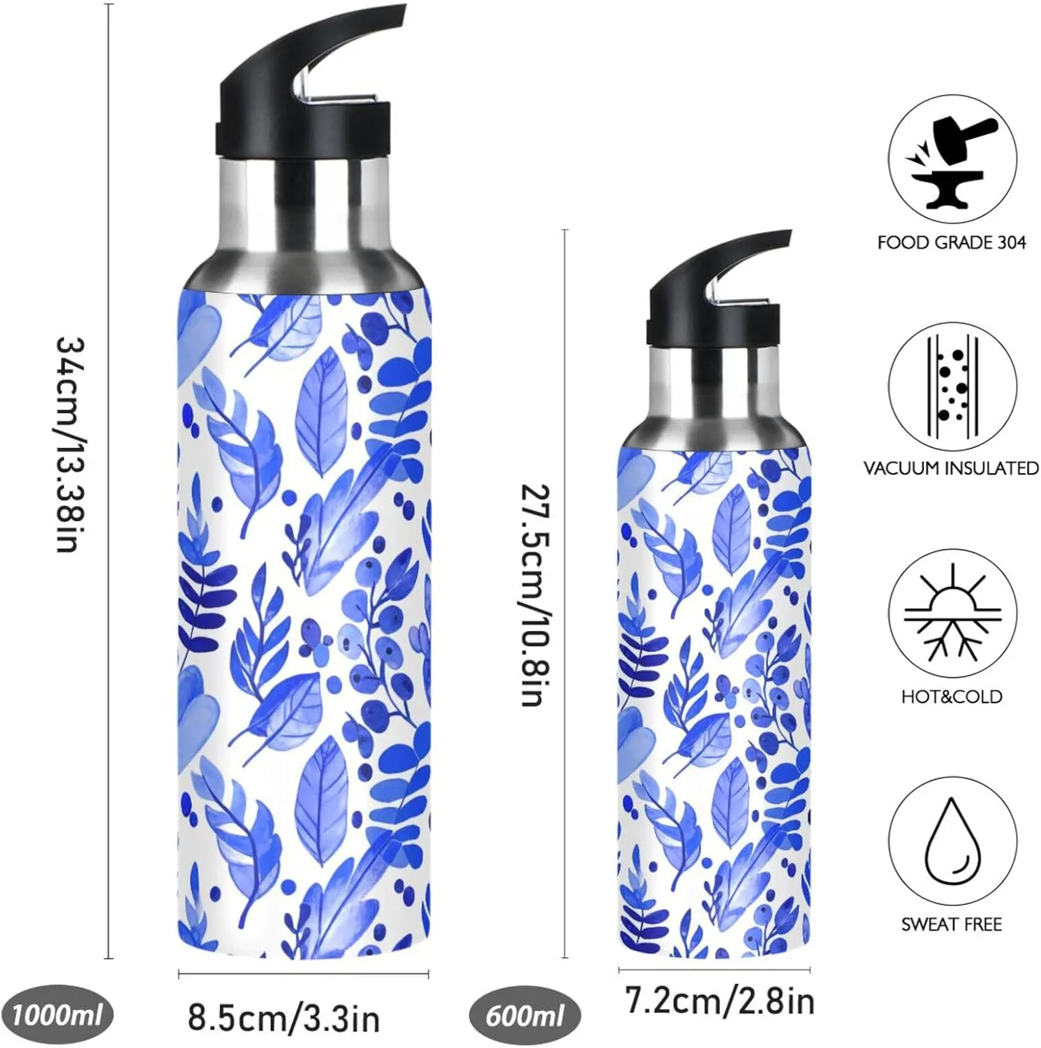 Steel Vacuum Insulated Bottle for Gym Fitness Outdoor Watercolor Leaf Sports Water Bottle with Straw, 22oz BPA Free rust administer Stainless 