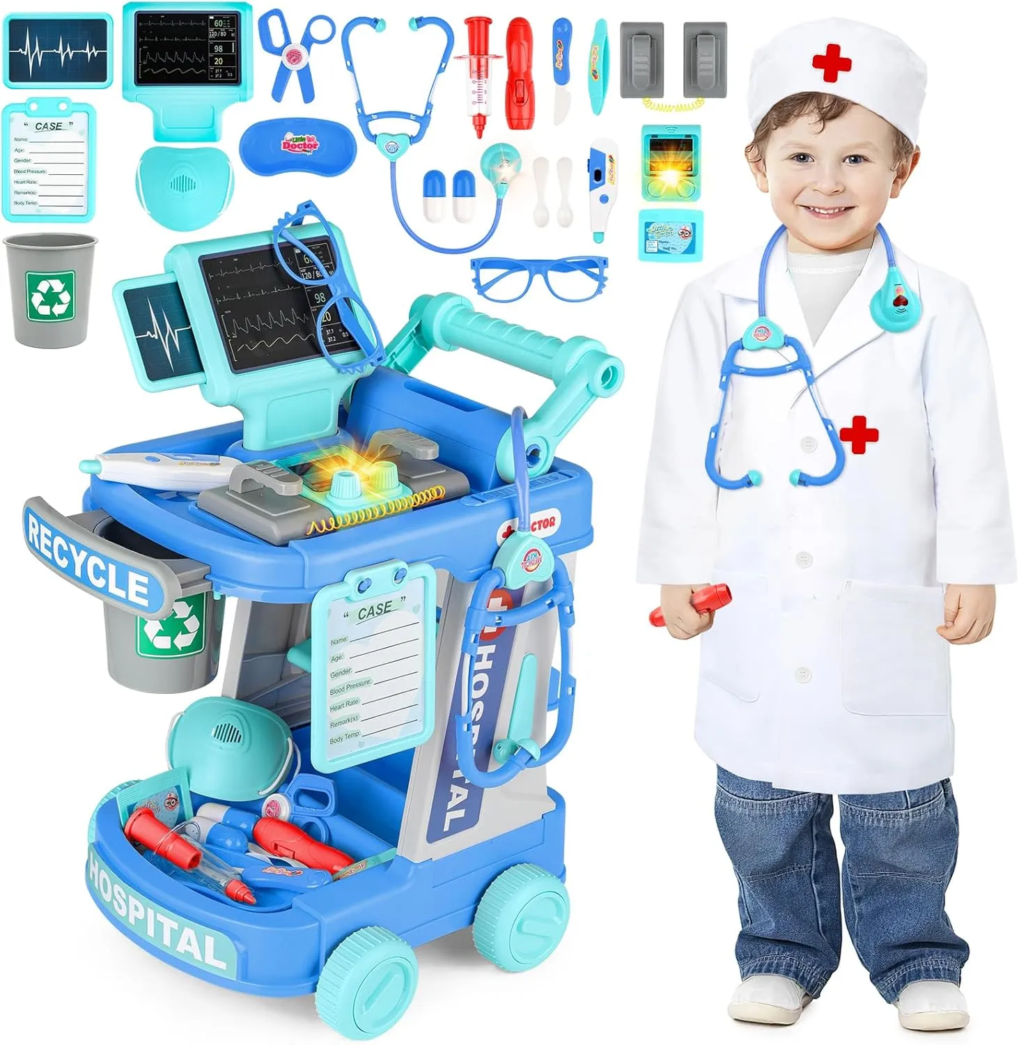 Stethoscope, feminist mineralization Toddlers Doctor Role Playset Medical Kit for Girls Boys (Blue) deAO Doctor Kit for Kids Ages 3 , Pretend Doctor Play Set with Doctor Cart, Costume and 