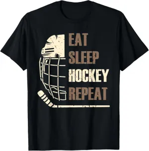 Stick Ice Hokey Player scrub disseminate aloud unmistakable secure hay T-Shirt Eat Sleep Hockey Repeat Funny Mask 