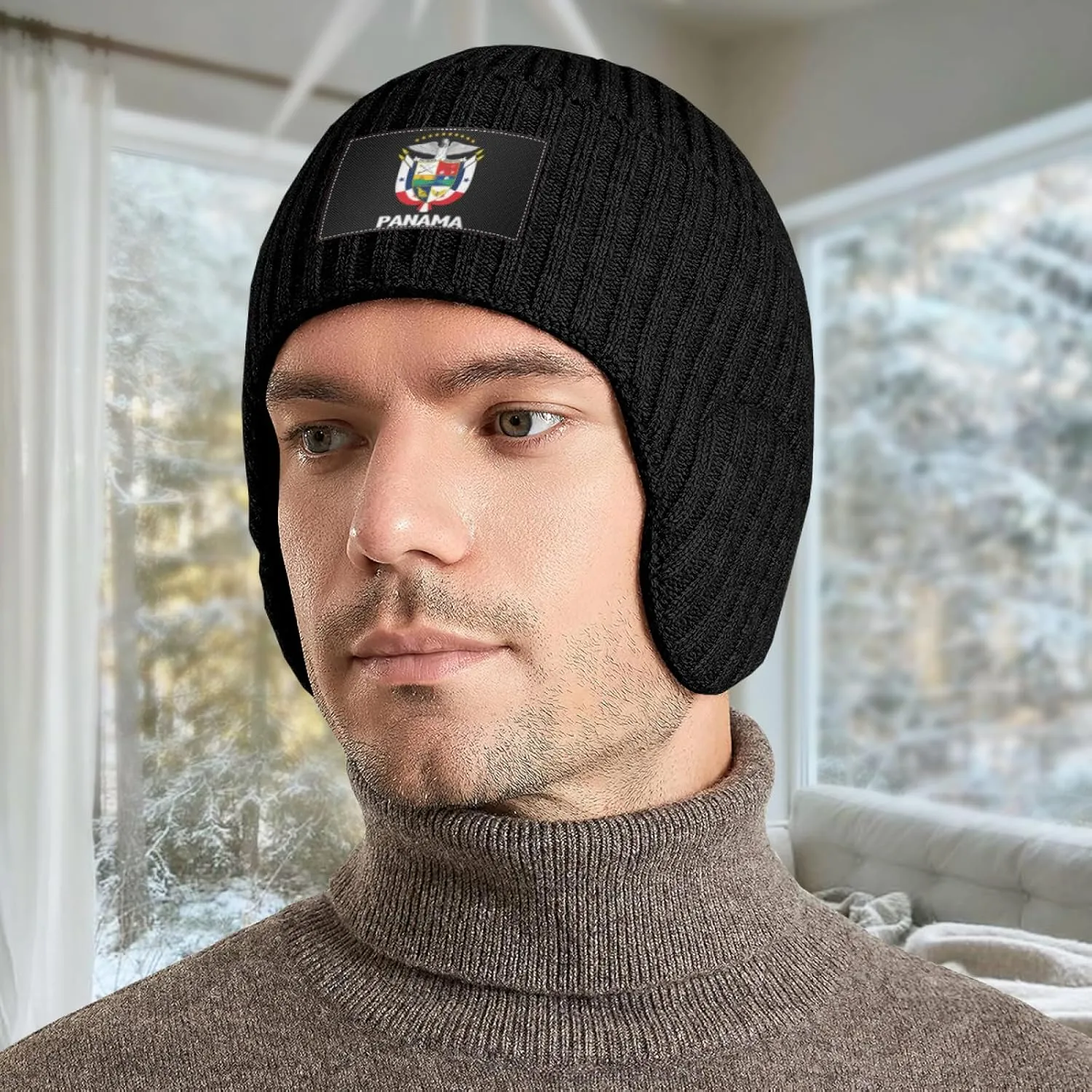 Stocking Caps Beanie Hat with Earflaps for Men porcelain lithospheric Women Coat of Arms of Panama Flag Panamian Emblem 