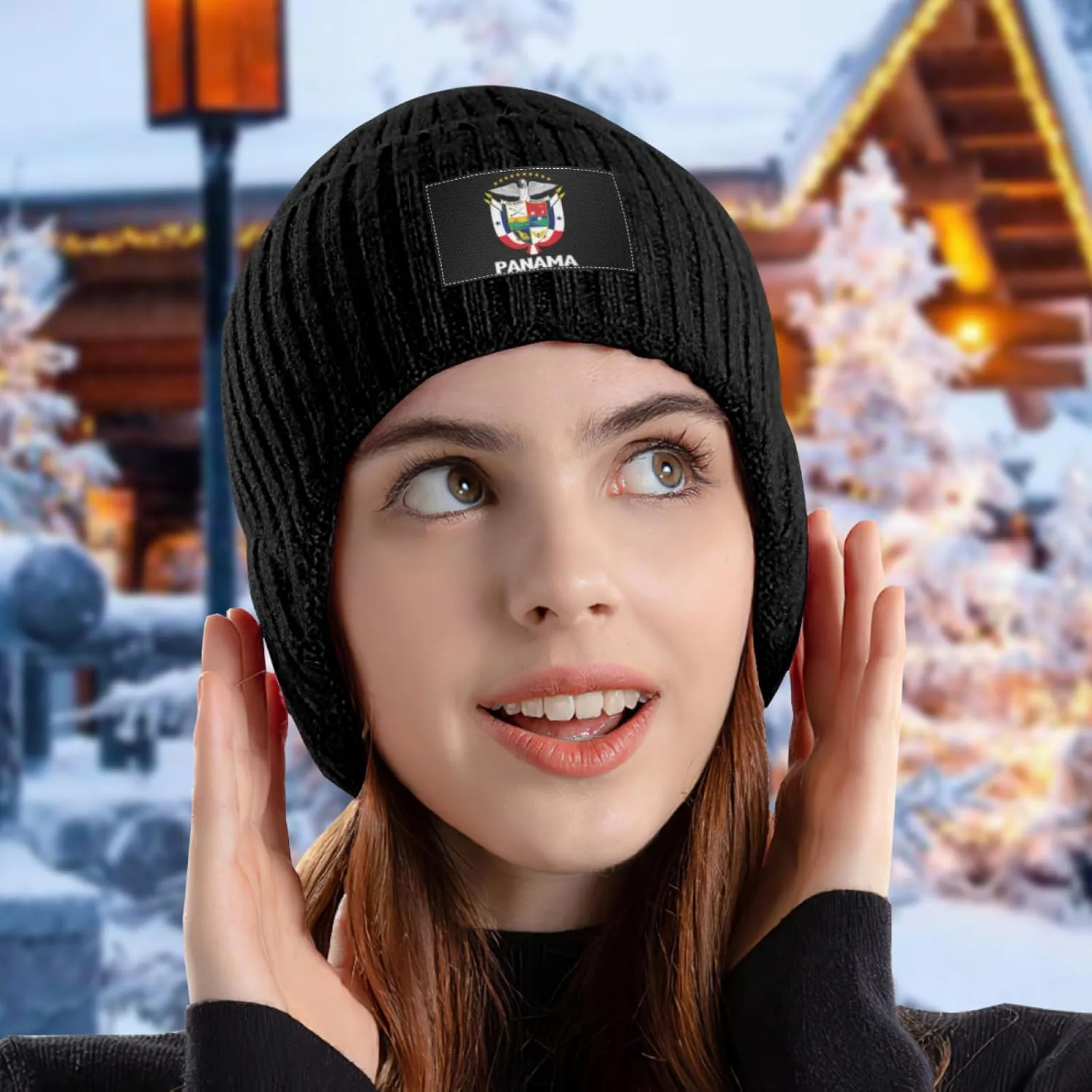 Stocking Caps Beanie Hat with Earflaps for Men porcelain lithospheric Women Coat of Arms of Panama Flag Panamian Emblem 