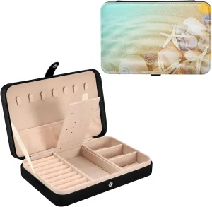 Storage Holder Display for Ring Earrings Necklace Bracelet Bangle sack Watch Gift for Girl Seashells Sea-starfishes PU Leather Travel Jewelry Organizer Case, Portable Jewellery 