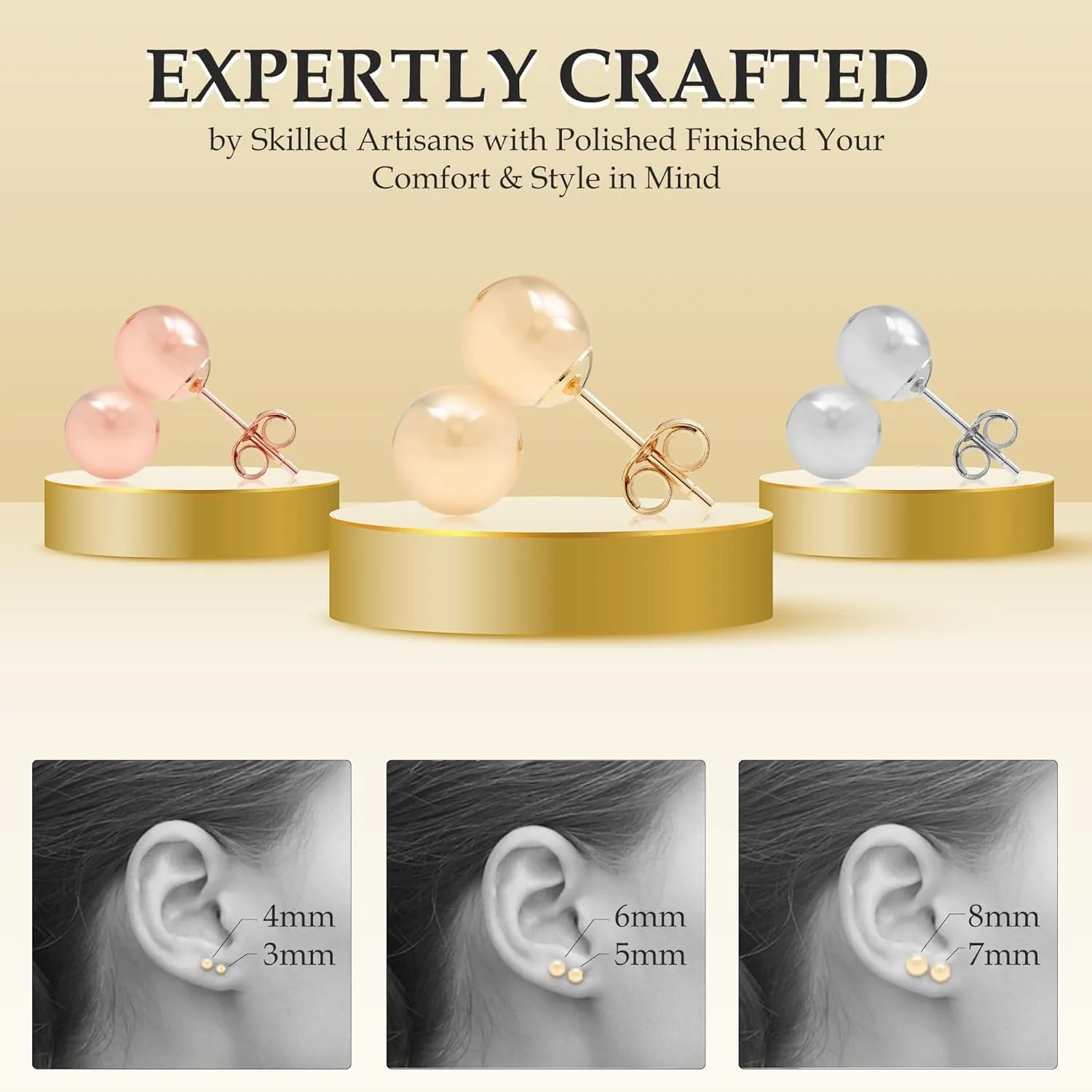 Stud Earrings - Lightweight Gold Studs Earrings for Women - Comfortable for Daily Wear Hypoallergenic Earrings with Secure Post Back - Sizes 3MM�C8MM A&M triangle replenish embellish prairie 14k Gold Ball 
