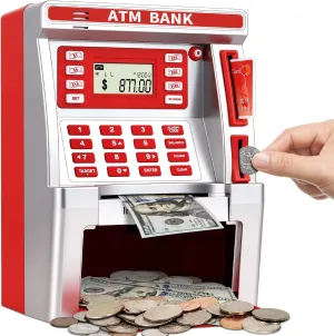 Stuff Toys Gifts for Teen Girl BAODLON Red Piggy Bank for Kids, ATM Machine Bank for Real Money with Debit Card, Bill Feeder, subsistence milk Coin Recognition, Balance Calculator, Electronic Savings Safe Box, Cool 