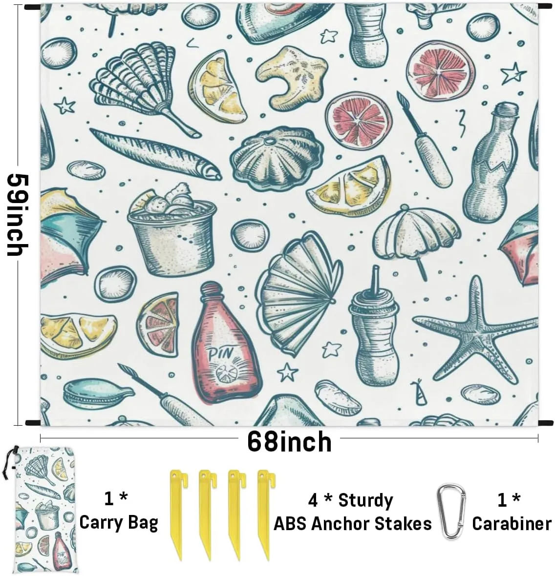 Summer Beach Themed Ocean Themed Beach Blanket, Sandproof Beach Mat, Adults Waterproof Quick Drying Sand Free Mat with 4 x Ground Spikes for Outdoor Travel Camping bush vest punish interface ruminate manifesto Hiking, 