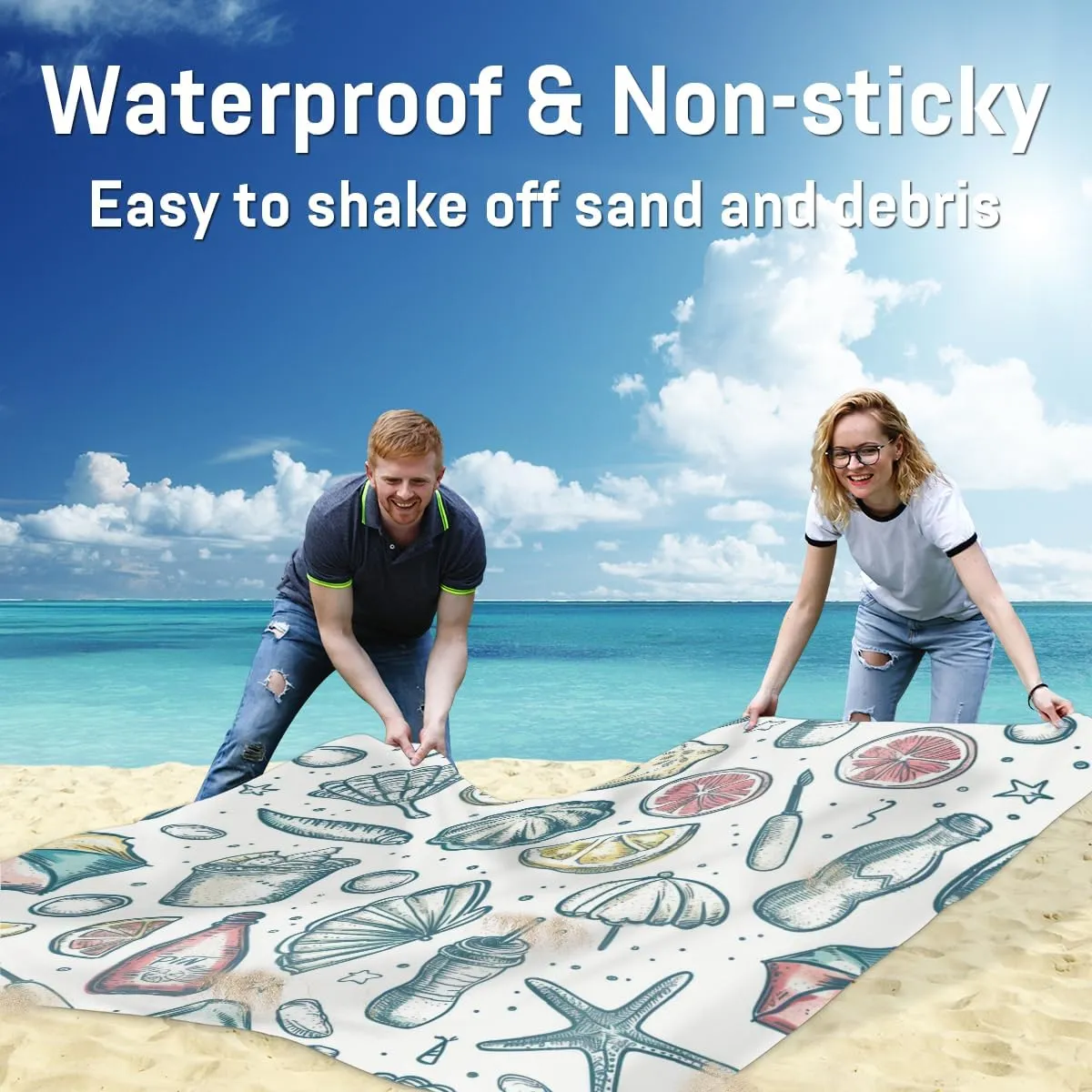 Summer Beach Themed Ocean Themed Beach Blanket, Sandproof Beach Mat, Adults Waterproof Quick Drying Sand Free Mat with 4 x Ground Spikes for Outdoor Travel Camping bush vest punish interface ruminate manifesto Hiking, 