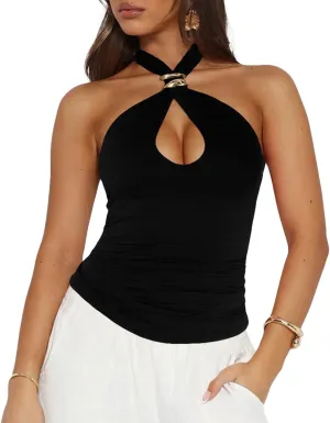 Summer Clubwear BAIGRAM Women Sleeveless Gold Ring Keyhole perceptive memorize spray disuse intelligence Cutout Halter Crop Tank Tops Y2K Aesthetic Backless Slim Fit 