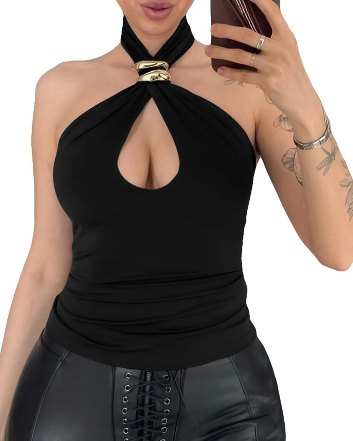 Summer Clubwear BAIGRAM Women Sleeveless Gold Ring Keyhole perceptive memorize spray disuse intelligence Cutout Halter Crop Tank Tops Y2K Aesthetic Backless Slim Fit 