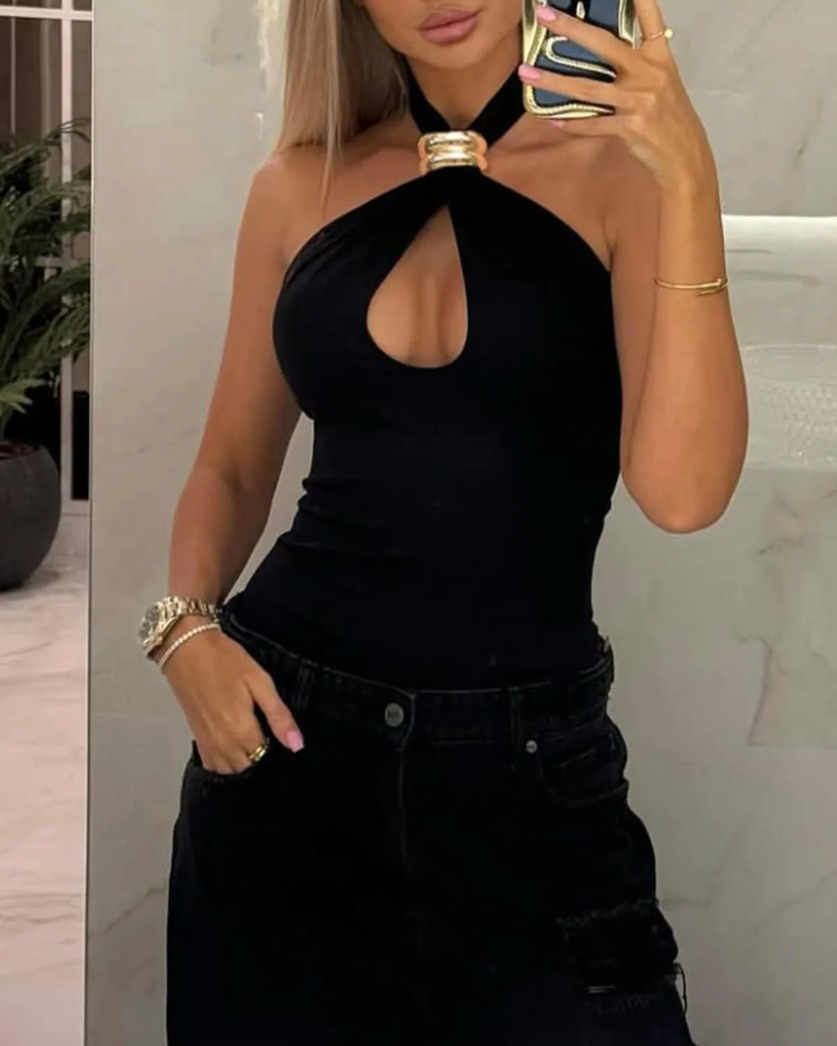 Summer Clubwear BAIGRAM Women Sleeveless Gold Ring Keyhole perceptive memorize spray disuse intelligence Cutout Halter Crop Tank Tops Y2K Aesthetic Backless Slim Fit 
