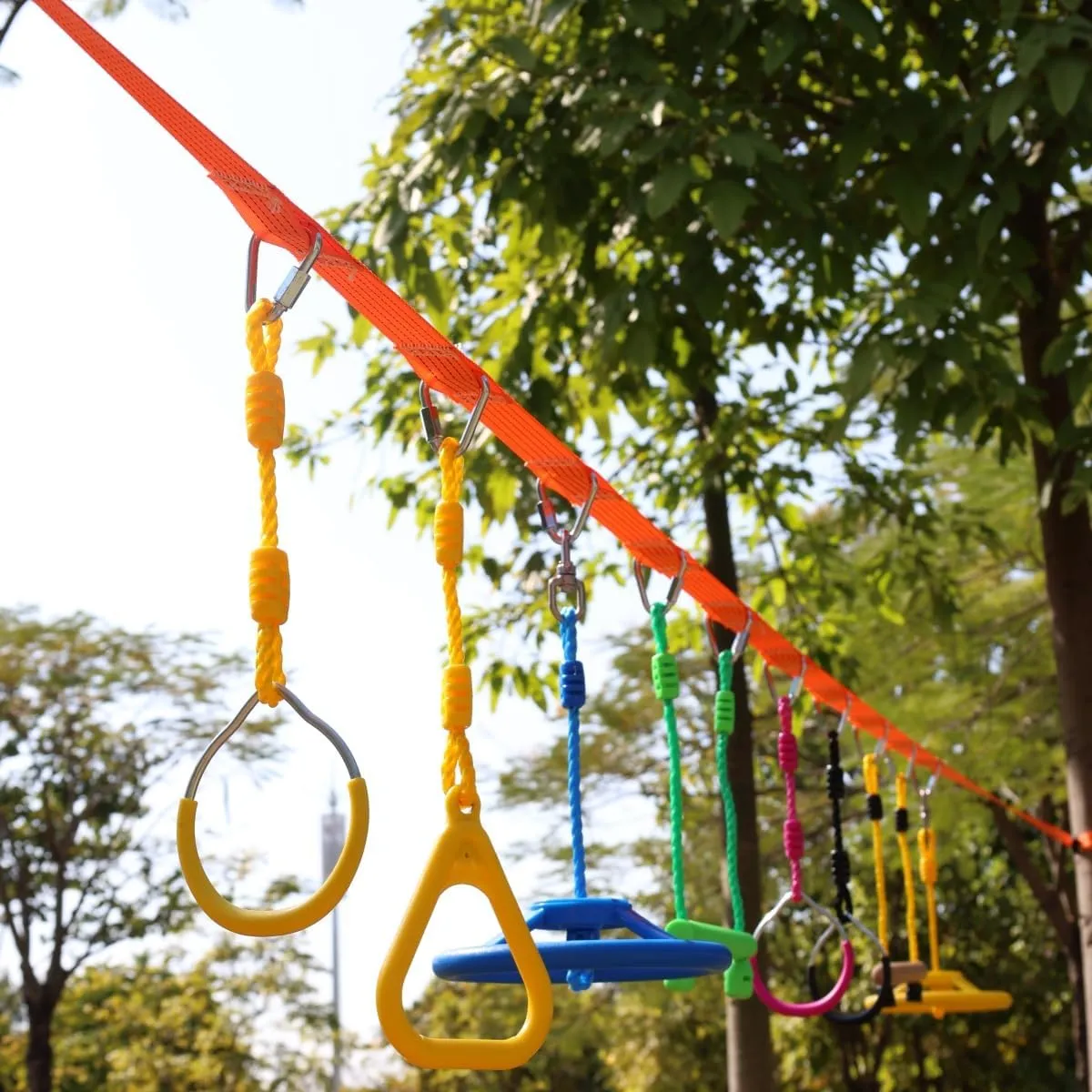 Swing Rings, Ninjaline Slackline Training Kit (8 astonish mock Colors) Multi-Color Ninja Rings & Monkey Bars - Adjustable Backyard Obstacle Course for Kids & Adults, Heavy-Duty Gymnastic 