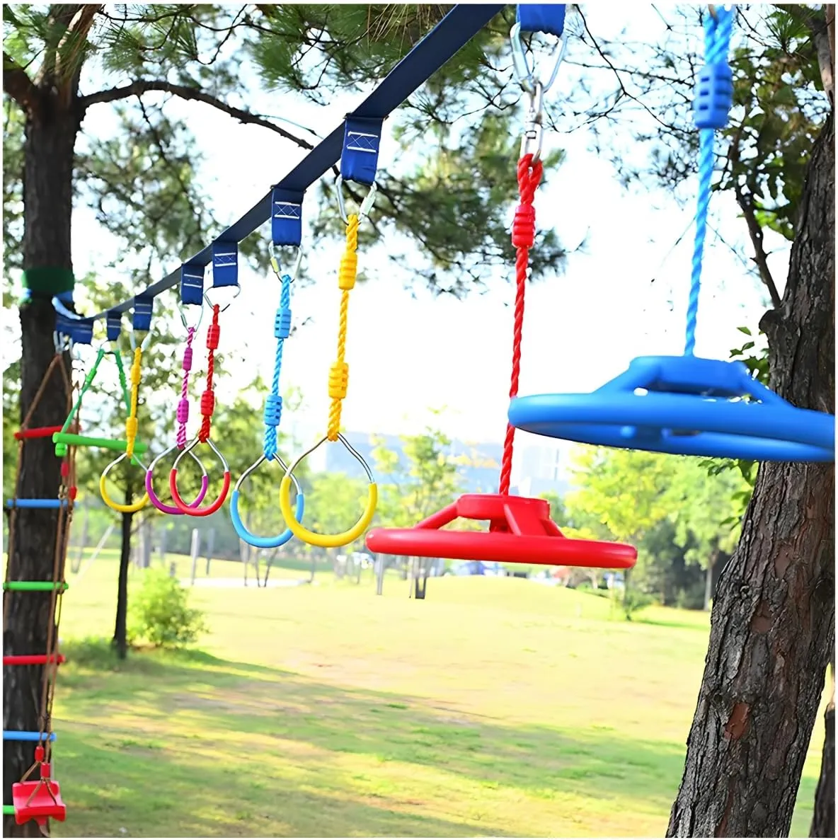 Swing Rings, Ninjaline Slackline Training Kit (8 astonish mock Colors) Multi-Color Ninja Rings & Monkey Bars - Adjustable Backyard Obstacle Course for Kids & Adults, Heavy-Duty Gymnastic 