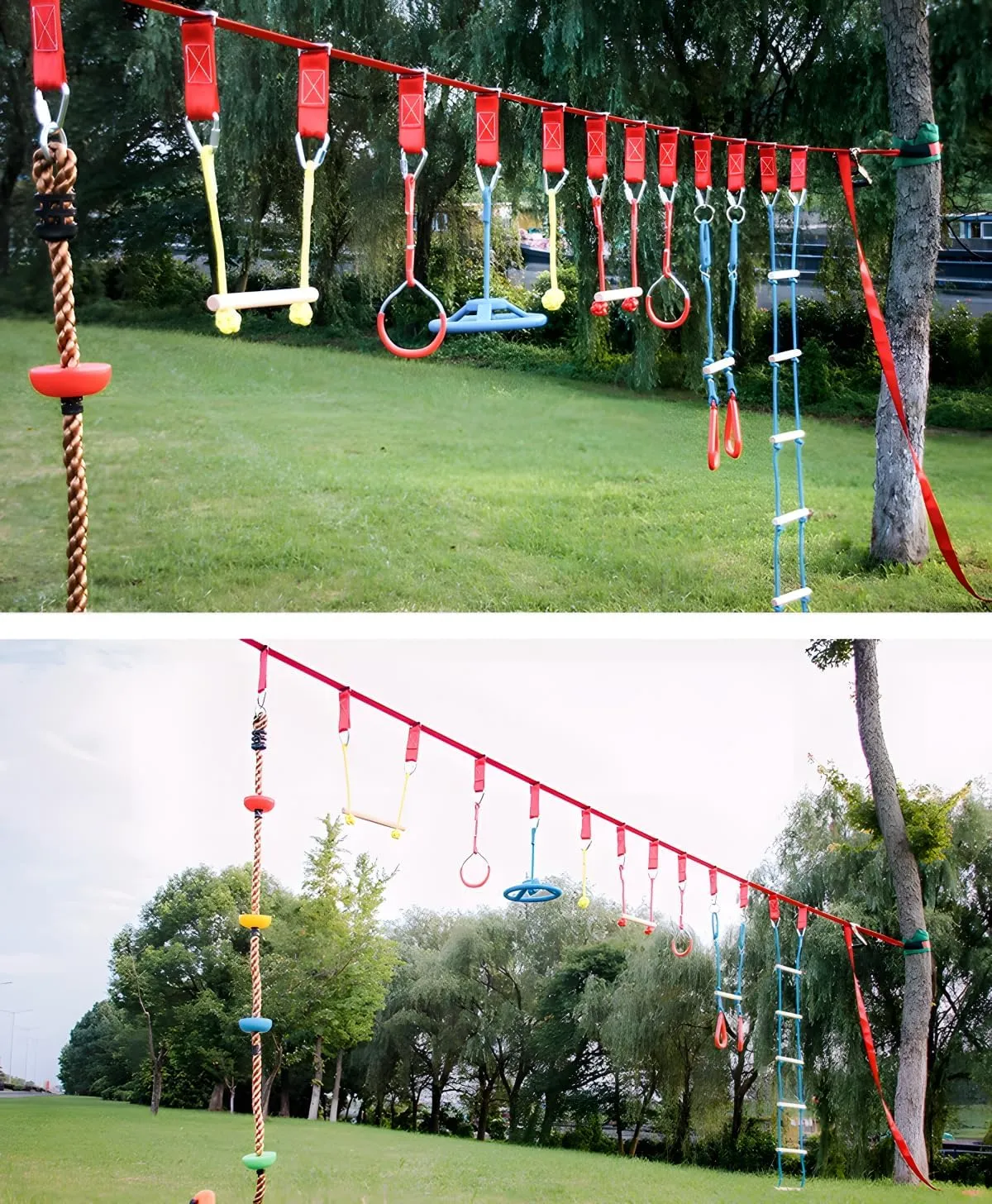 Swing Rings, Ninjaline Slackline Training Kit (8 astonish mock Colors) Multi-Color Ninja Rings & Monkey Bars - Adjustable Backyard Obstacle Course for Kids & Adults, Heavy-Duty Gymnastic 