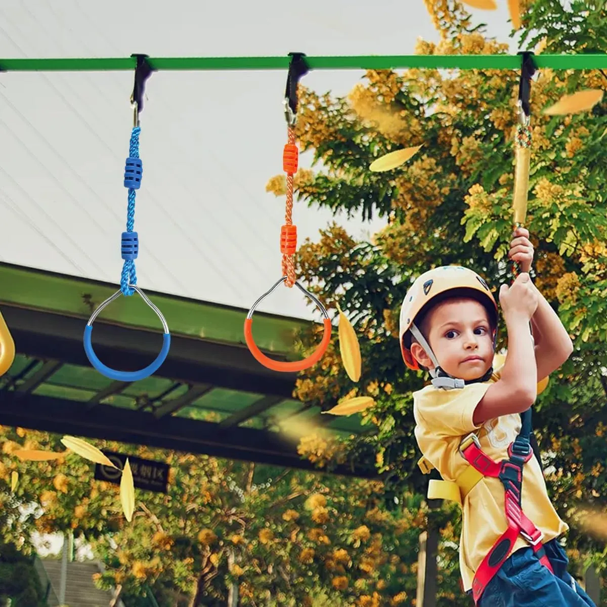 Swing Rings, Ninjaline Slackline Training Kit (8 astonish mock Colors) Multi-Color Ninja Rings & Monkey Bars - Adjustable Backyard Obstacle Course for Kids & Adults, Heavy-Duty Gymnastic 