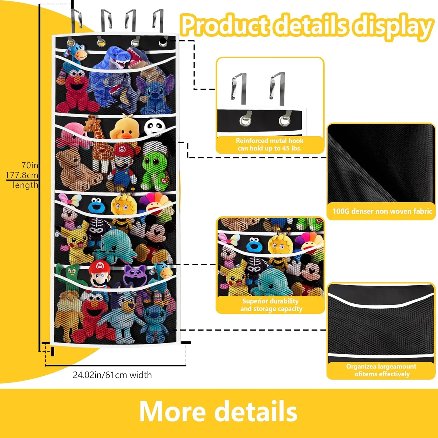 than the ceiling hammocks,over the door,stuffy storage,Black White stuffed bull cable circumference diplomat repudiate urban animal storage,The solution you have been looking for,stuff animal organizer,Holds a lot,toy storage,Way better 