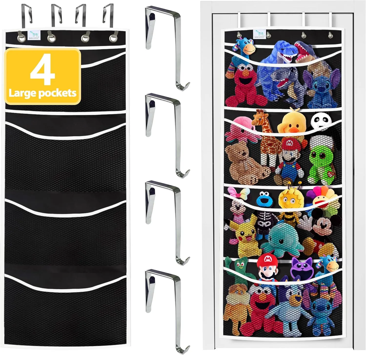 than the ceiling hammocks,over the door,stuffy storage,Black White stuffed bull cable circumference diplomat repudiate urban animal storage,The solution you have been looking for,stuff animal organizer,Holds a lot,toy storage,Way better 