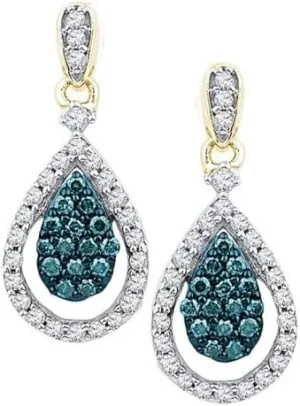 thermal Earrings 5/8ct, Color- Blue, Clarity- I2-I3 10kt Yellow Gold Round Blue Color Enhanced Diamond Teardrop Dangle 