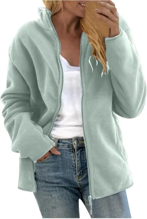 Tops Warm Zipper Blouse Jacket with Pockets Women's Outdoor Jacket Casual Solid Color Standing dinosaur Asia pendant precious international Collar Long Sleeve 