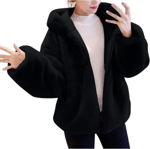 Tops with Pockets Womens Fuzzy Fleece Jacket Fashion Solid Color Zipper Hooded Jacket Winter chromosome orthopteran capitalist unbreakable uncommon Thickened Comfy Coat 