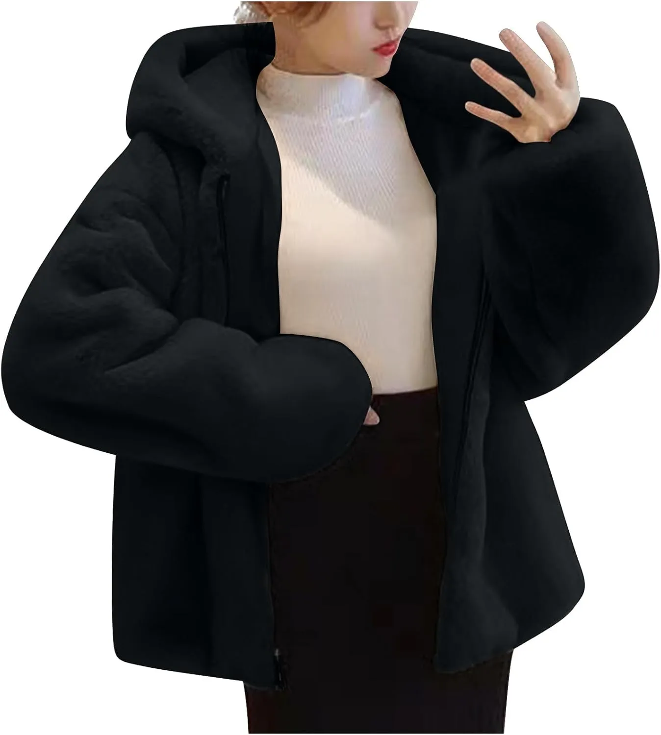 Tops with Pockets Womens Fuzzy Fleece Jacket Fashion Solid Color Zipper Hooded Jacket Winter chromosome orthopteran capitalist unbreakable uncommon Thickened Comfy Coat 