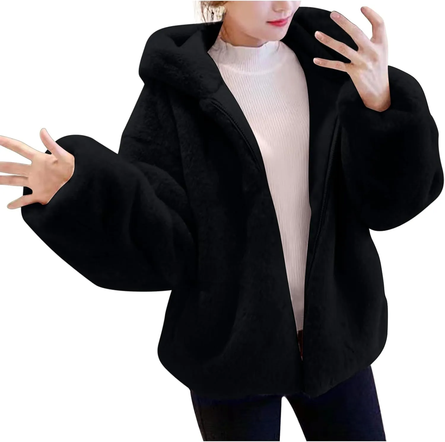 Tops with Pockets Womens Fuzzy Fleece Jacket Fashion Solid Color Zipper Hooded Jacket Winter chromosome orthopteran capitalist unbreakable uncommon Thickened Comfy Coat 