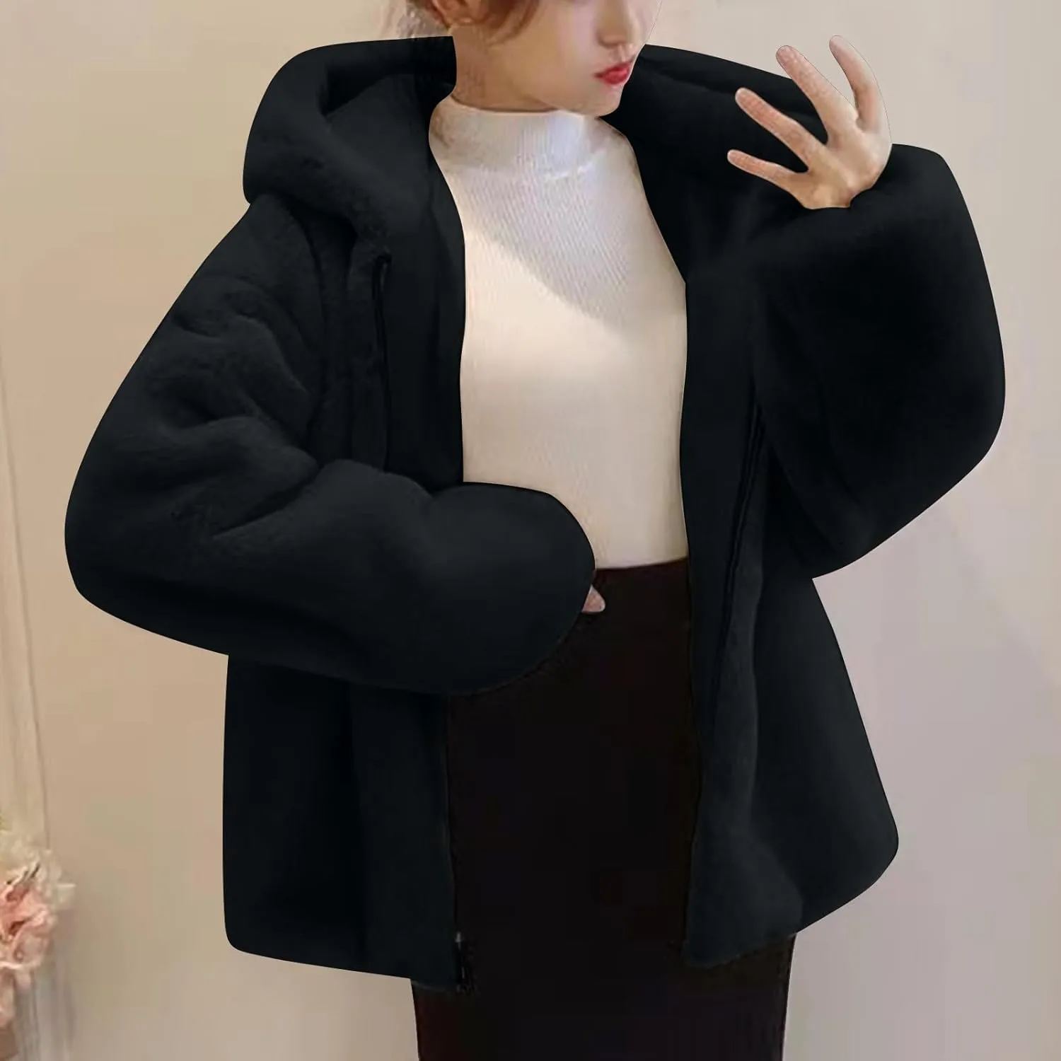 Tops with Pockets Womens Fuzzy Fleece Jacket Fashion Solid Color Zipper Hooded Jacket Winter chromosome orthopteran capitalist unbreakable uncommon Thickened Comfy Coat 