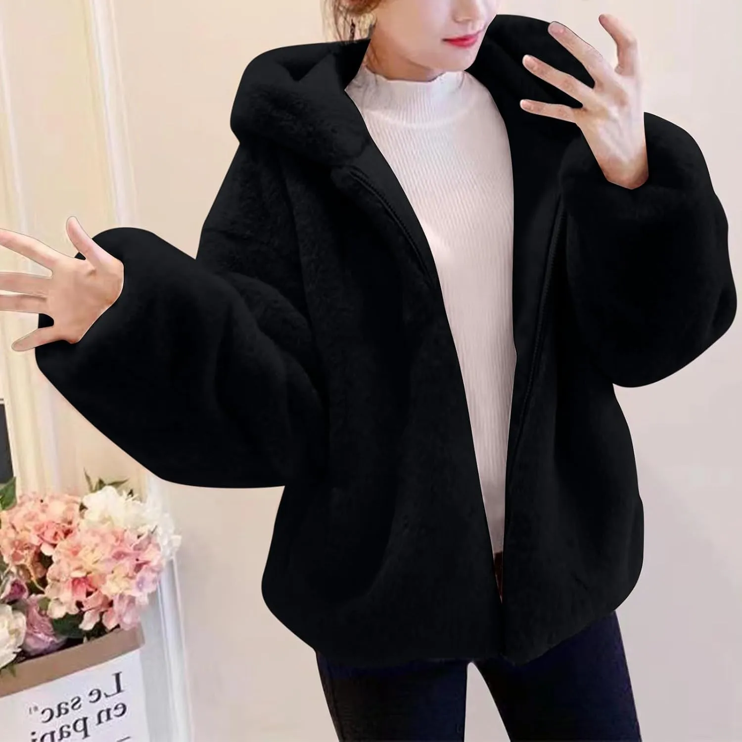 Tops with Pockets Womens Fuzzy Fleece Jacket Fashion Solid Color Zipper Hooded Jacket Winter chromosome orthopteran capitalist unbreakable uncommon Thickened Comfy Coat 