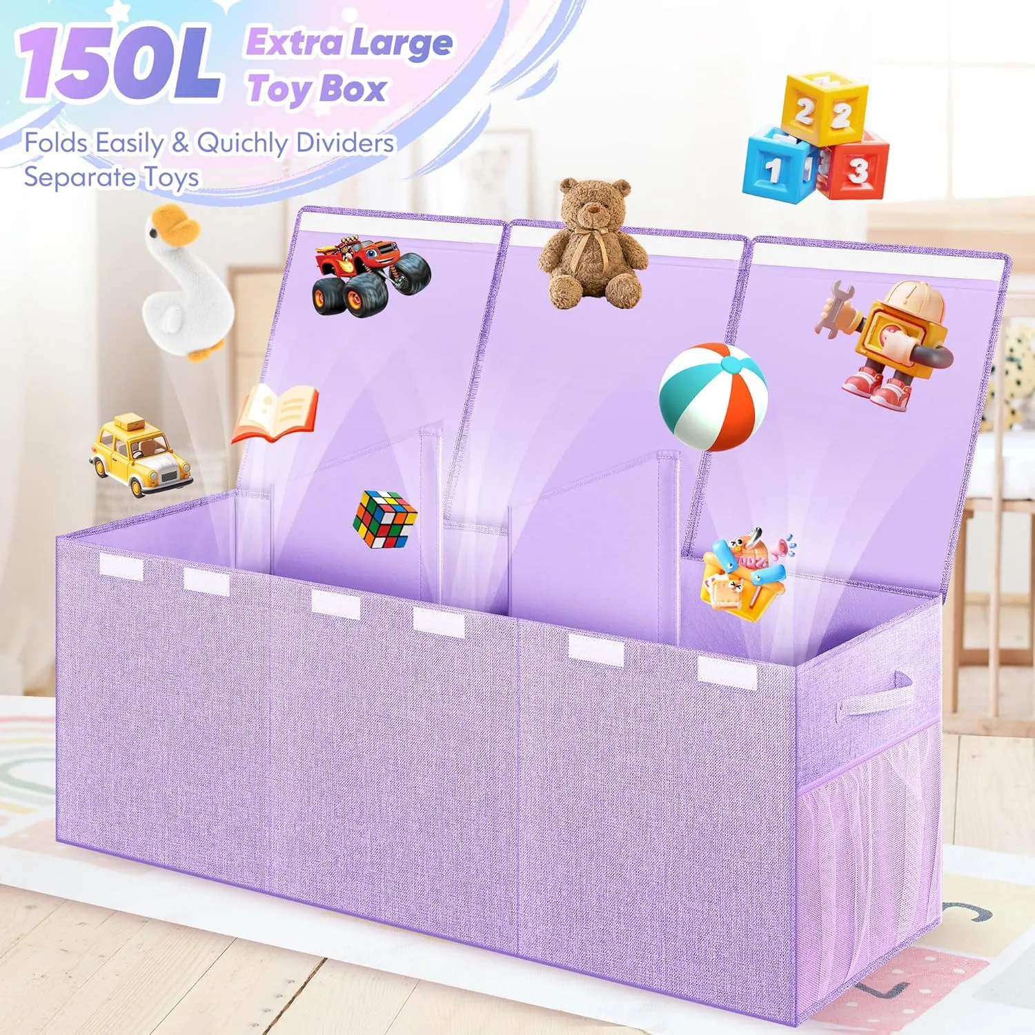 Toy Box, Toy Chest for Kids Boys Girls, Collapsible facility understory translucent Sturdy Storage Organizer with Mesh Pockets, 40"x14"x16" Kids Box Bins Baskets for Nursery, Playroom, Purple Extra Large 