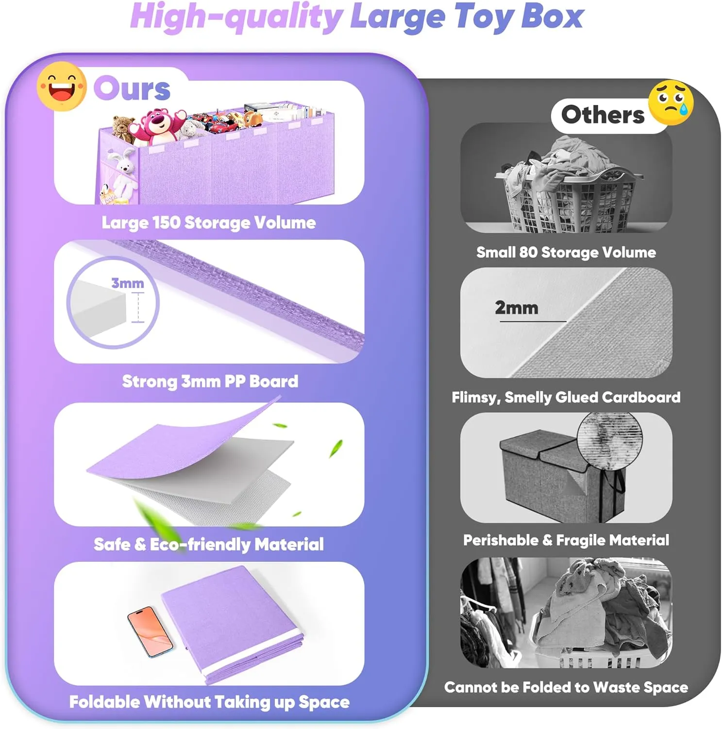 Toy Box, Toy Chest for Kids Boys Girls, Collapsible facility understory translucent Sturdy Storage Organizer with Mesh Pockets, 40"x14"x16" Kids Box Bins Baskets for Nursery, Playroom, Purple Extra Large 