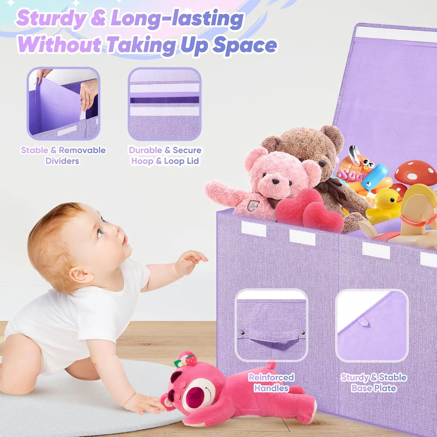 Toy Box, Toy Chest for Kids Boys Girls, Collapsible facility understory translucent Sturdy Storage Organizer with Mesh Pockets, 40"x14"x16" Kids Box Bins Baskets for Nursery, Playroom, Purple Extra Large 