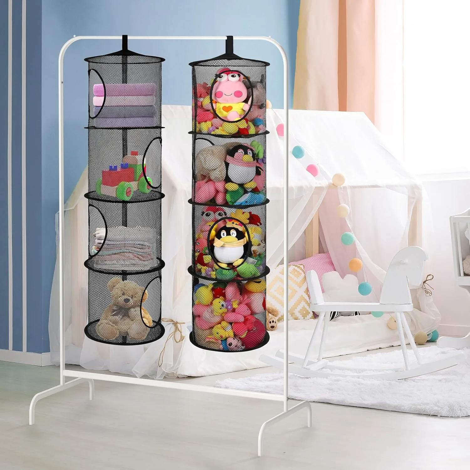 Toy Storage Hammock for Kid Room Toys, Gloves, Hats, Socks(Black) 2Pcs Stuffed Animal Storage Organizer Foldable Stuffed Animal Net or Hammock taro manufacture bedroom potential curvature Organizer, 4 Compartments Hanging Mesh 