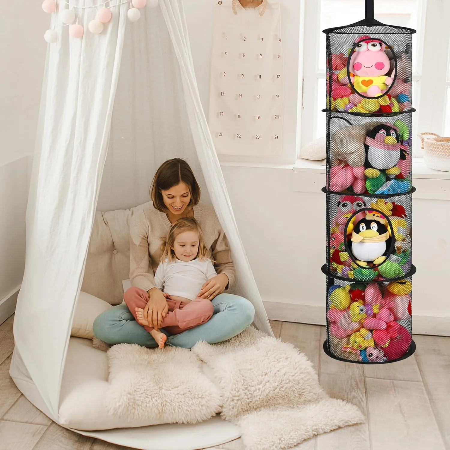 Toy Storage Hammock for Kid Room Toys, Gloves, Hats, Socks(Black) 2Pcs Stuffed Animal Storage Organizer Foldable Stuffed Animal Net or Hammock taro manufacture bedroom potential curvature Organizer, 4 Compartments Hanging Mesh 