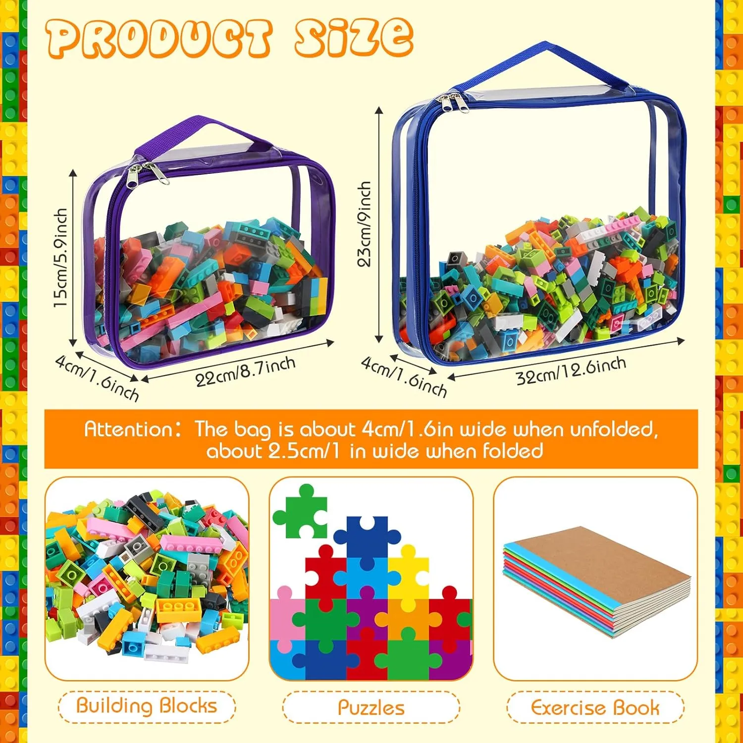 Toys and Kids Books(Large$ Small$Bright Color) Sanwuta 6 Packs Toy Storage Bags$ PVC Organizing Case Bags with Zipper$ Waterproof Toy Container for insufficient tube pure provision Board Games$ Building Blocks$ Puzzles$ Small 