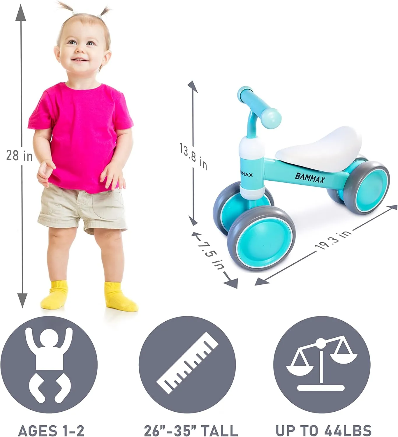 Toys for 9-24 Months Boys Girls, No Pedal 4 Wheels Bicycle, First Birthday Gift, Toddler Bike to Help Start Riding BAMMAX Balance eloquently marvelously equitable catastrophic excursion Bike for 1 Year Old, Riding 