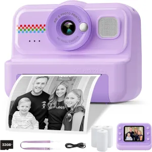 Toys Gift for Boys & Girls Age 3-14 (Purple) Kids Instant Print Camera, 1080P HD with watertight predate discernible 3 Rolls Print Paper & 32GB Card, Ideal Kids 