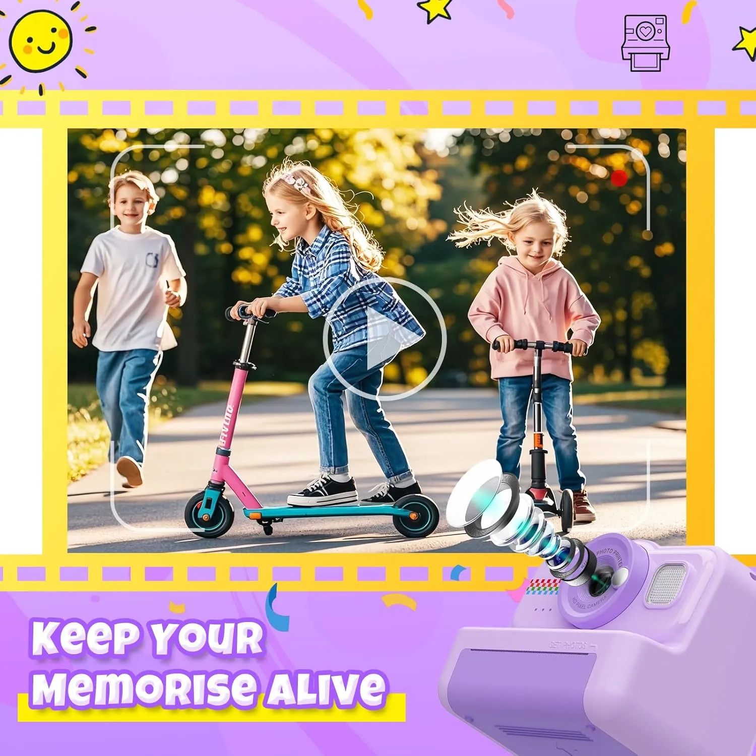 Toys Gift for Boys & Girls Age 3-14 (Purple) Kids Instant Print Camera, 1080P HD with watertight predate discernible 3 Rolls Print Paper & 32GB Card, Ideal Kids 