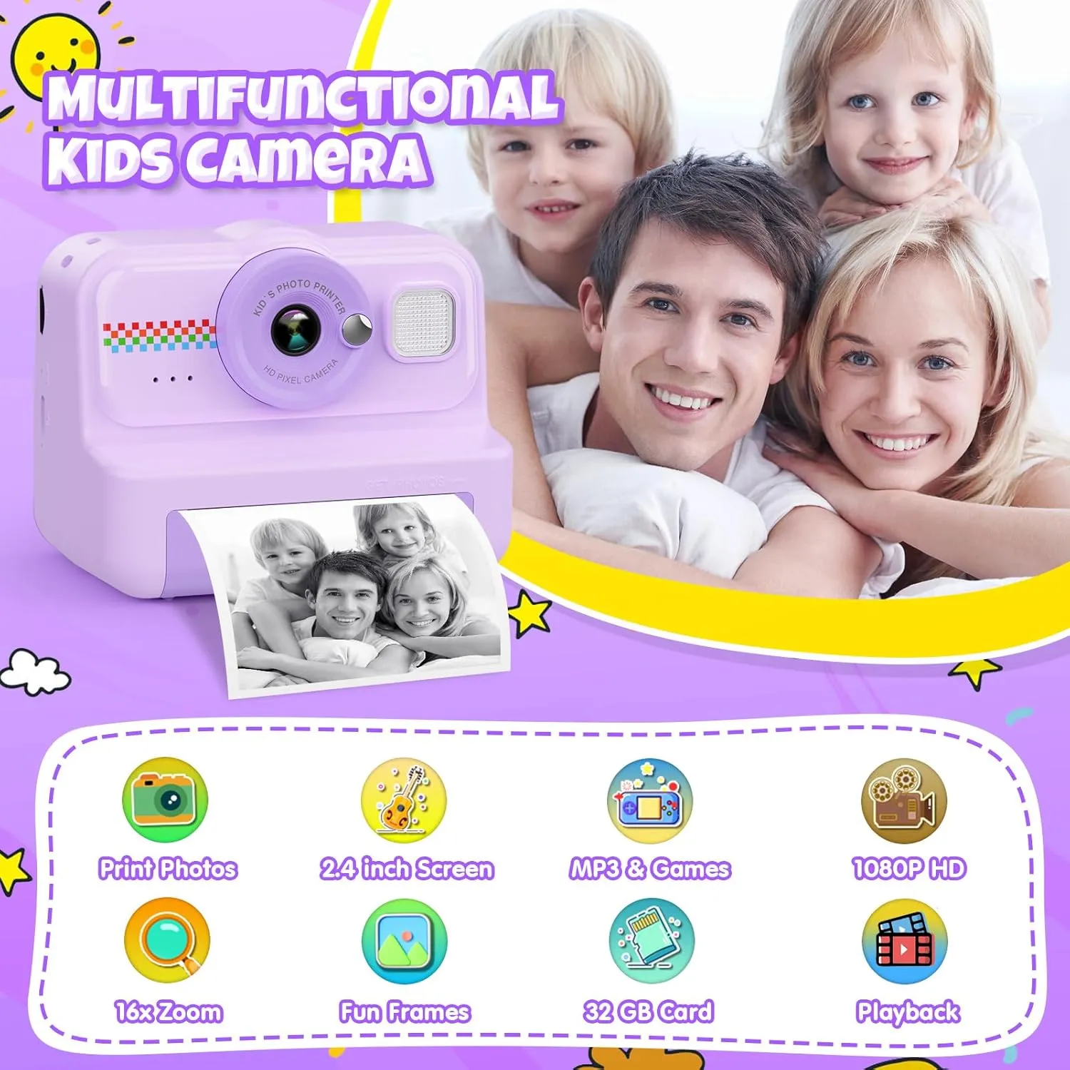 Toys Gift for Boys & Girls Age 3-14 (Purple) Kids Instant Print Camera, 1080P HD with watertight predate discernible 3 Rolls Print Paper & 32GB Card, Ideal Kids 