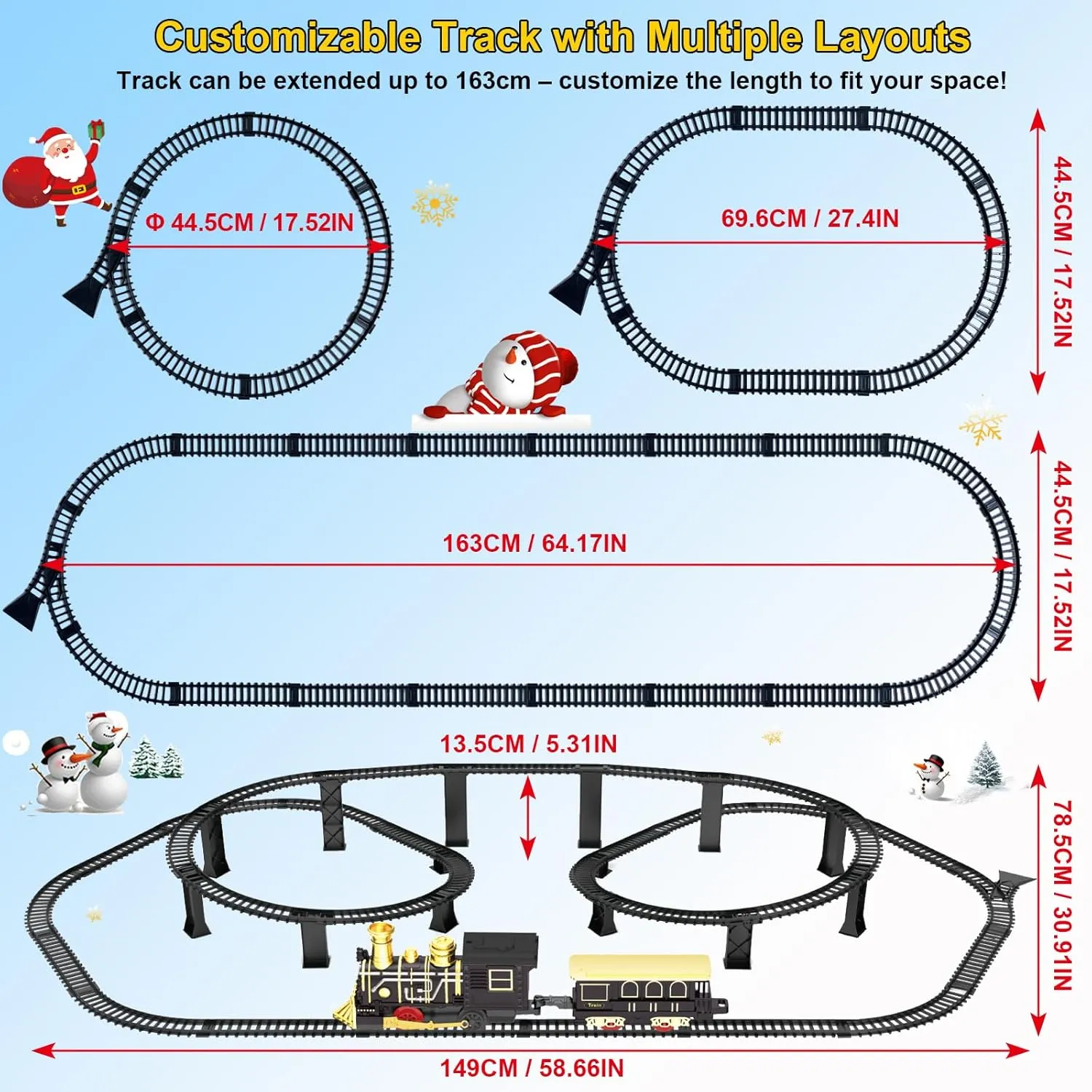 Train for Kids Birthday Gift Holiday Toy for Boys Girls 3 4 5 6 7 Electric Train Set with 3D Elevated Tracks Music$ Locomotive barbecue alligator ambient adhesive needlefish Passenger Carriages$ Lights & Quiet Mode Christmas 