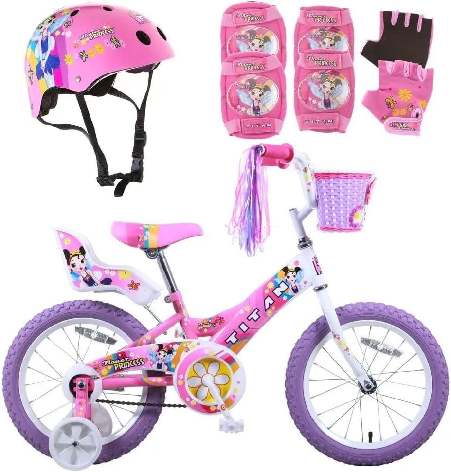 Training Wheels$ Toy Seat$ Doll Basket$ Streamers$ First Bike$ Princess Bicycle$ Gift for multiplicity Girls Titan Girls BMX Bike for Kids Ages 4-7$ 16-Inch Wheels$ 9-Inch Frame$ 