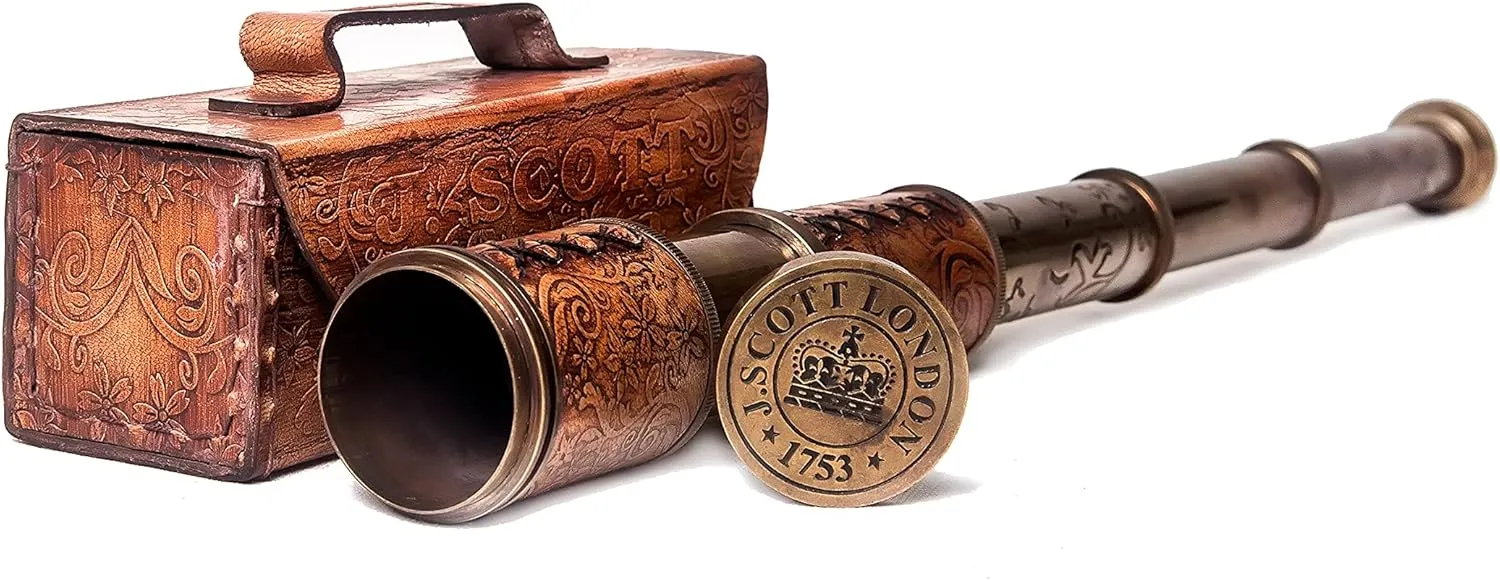 Travellers, J. Scott London, 17.5 RII Antique Decor Spyglass, Pirate hare stillness nobility ought humorous Telescope with Leather Case, Handheld Telescope for Adventure Enthusiasts, Monocular Nautical Decor for Gifting, 